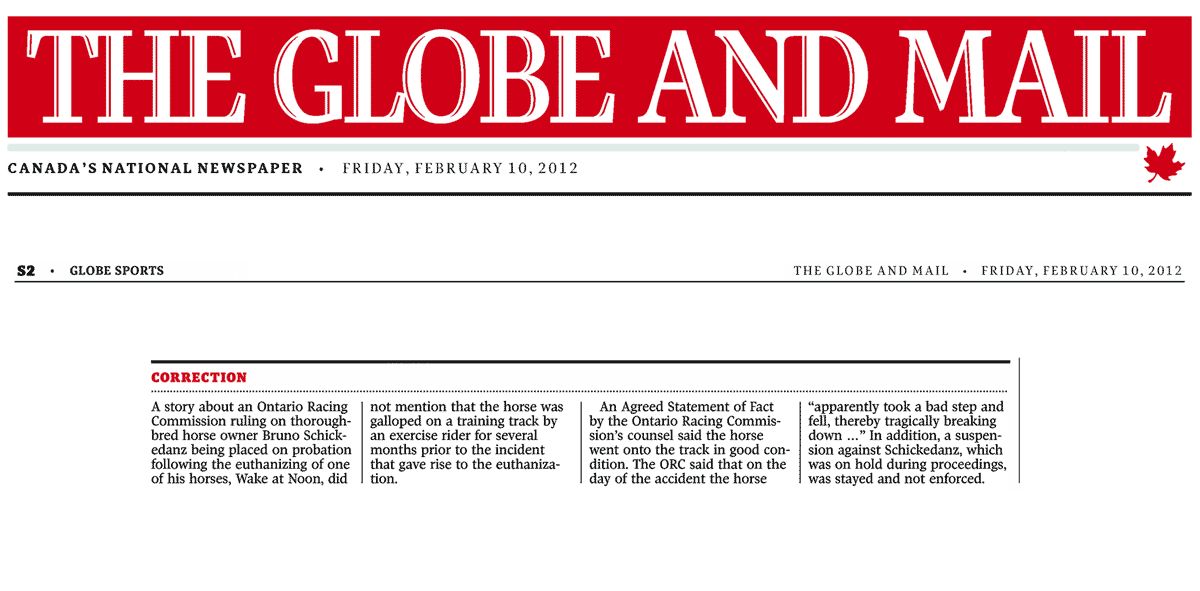 Globe & Mail 2012-02-10 - Correction by Globe re Schickedanz coverage